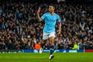 Gabriel Jesus of Man City celebrates his hatrick after he chips the keeper to make it 6-0 during the UEFA Champions League group match between Manchester City and Shakhtar Donetsk at the Etihad Stadium